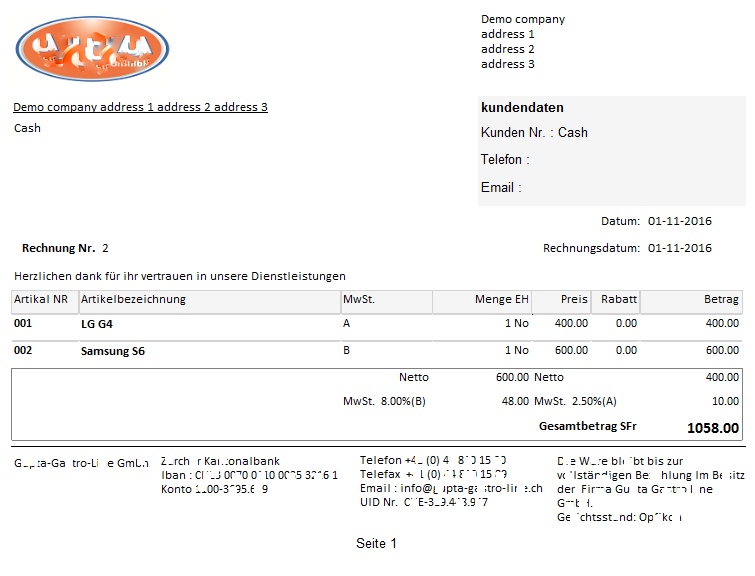Sales bill format in german language